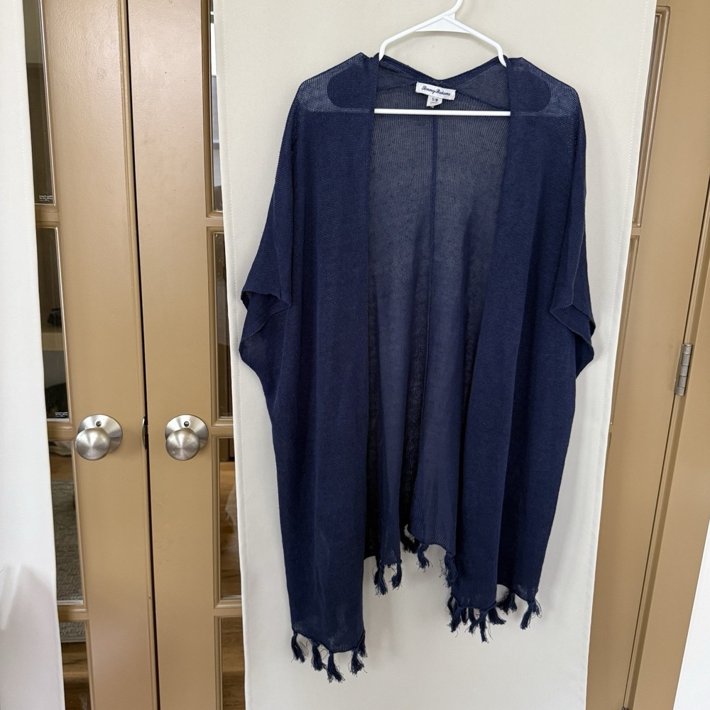Tommy Bahama Womens Small/Medium Navy Blue 100% Linen Tassle Trim Knit Cardigan